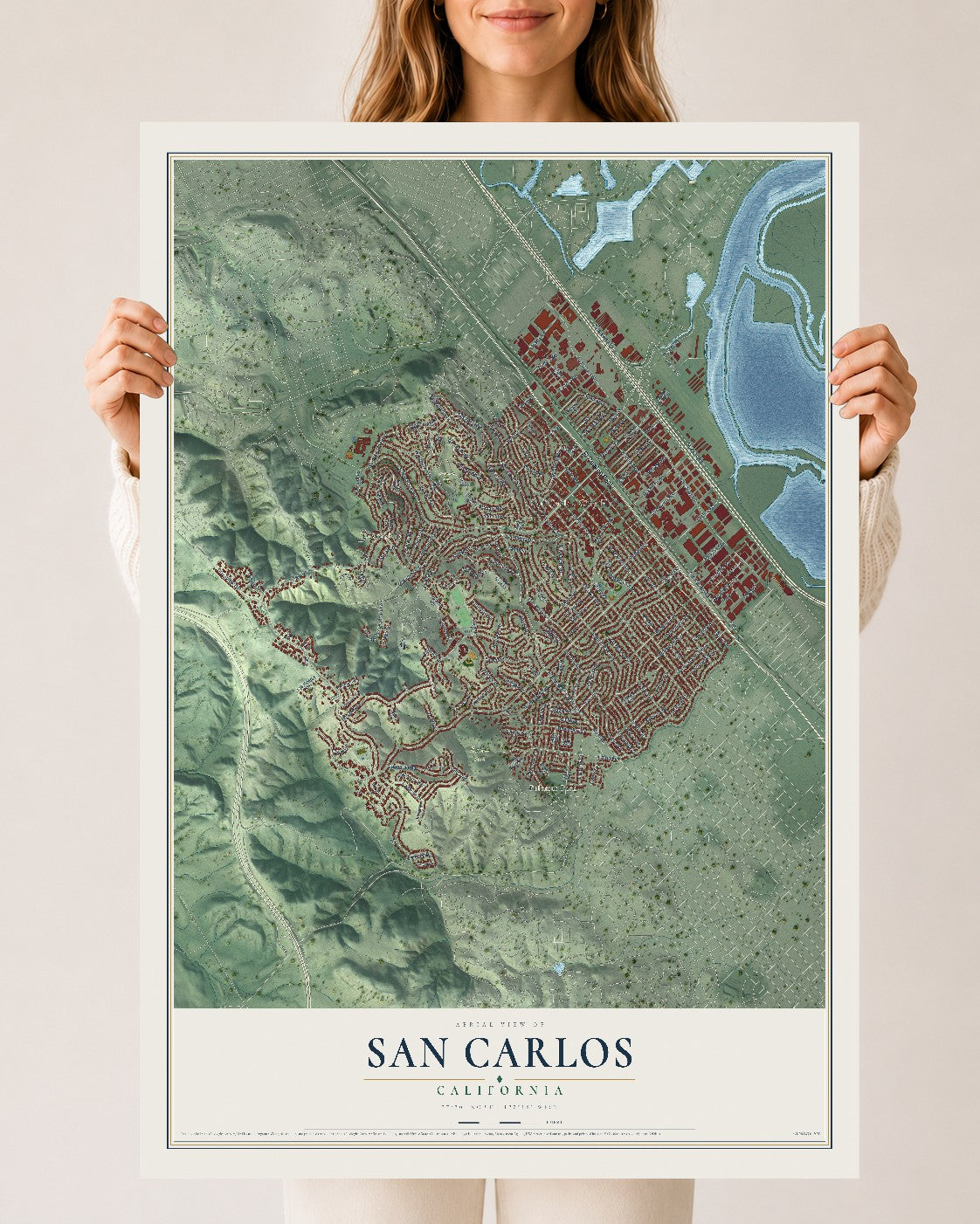 Map of San Carlos, California, 24 x 36 inch unframed archival matte print