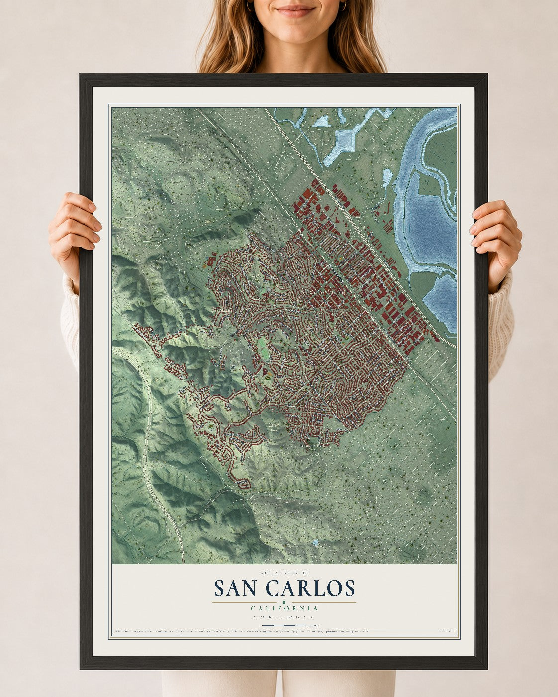 Map of San Carlos, California, 24 x 36 inch print in a black wood frame
