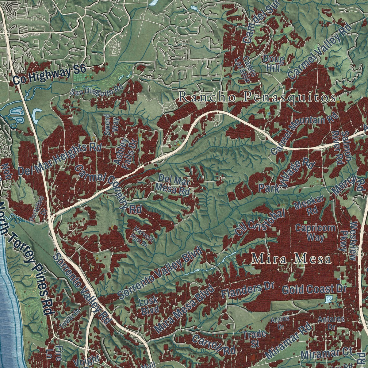 Second close-up of the map of San Diego, California print showing more streets and buildings