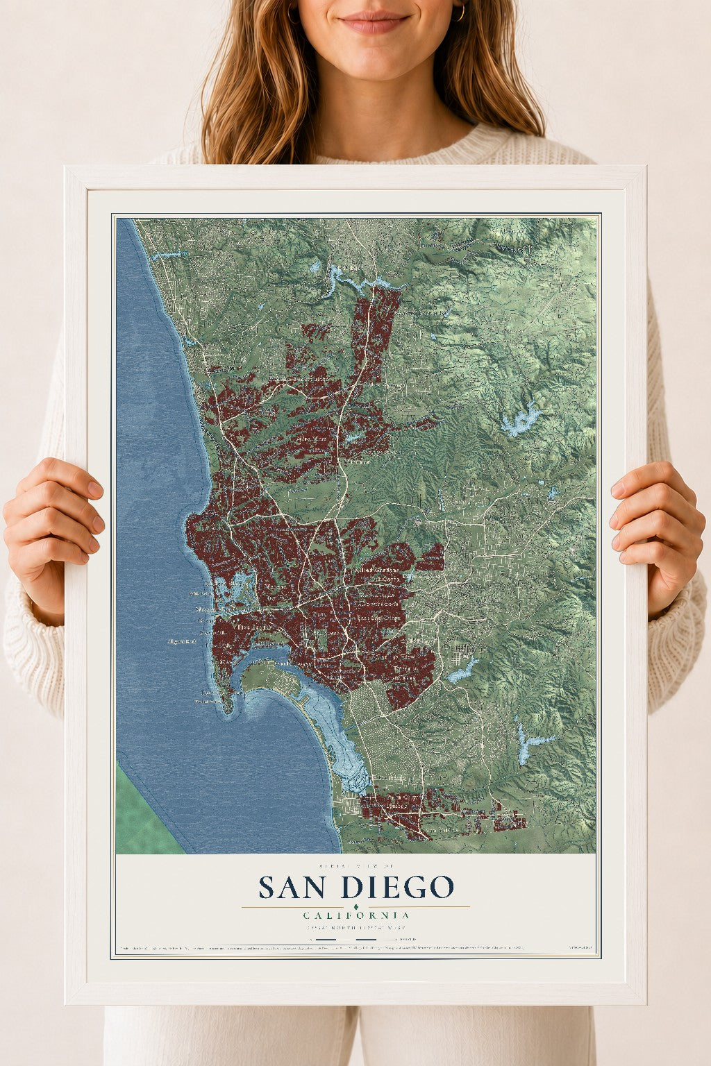 Map of San Diego, California, 18 x 24 inch print in a white wood frame