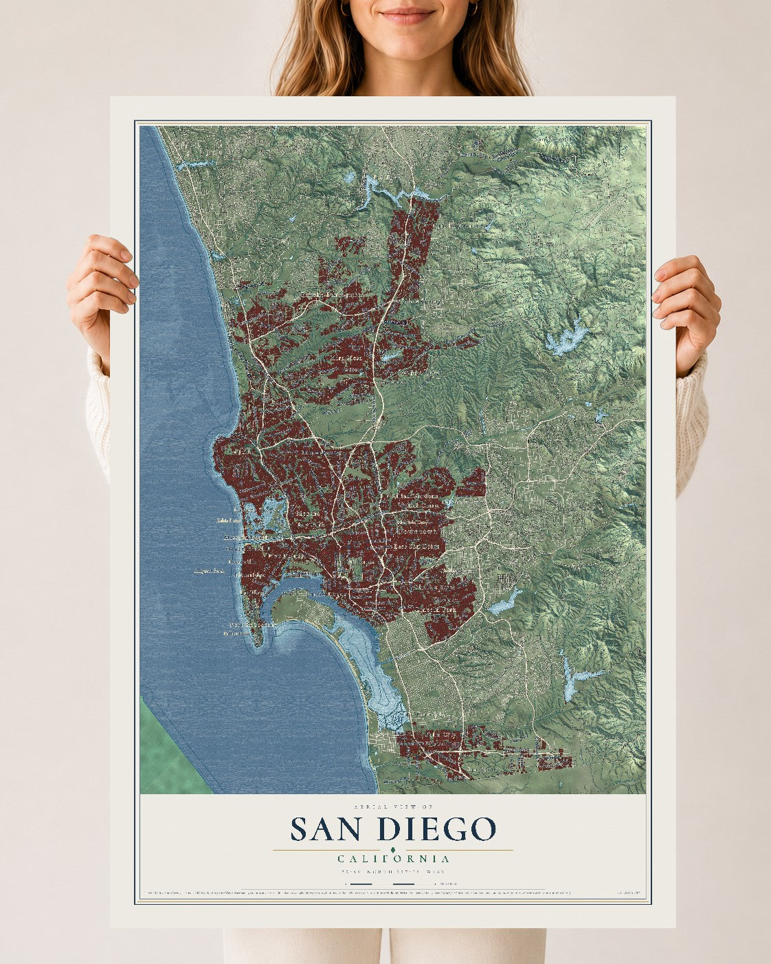 Map of San Diego, California, 24 x 36 inch unframed archival matte print