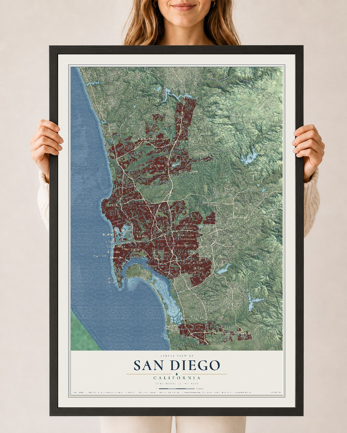 Map of San Diego, California, 24 x 36 inch print in a black wood frame
