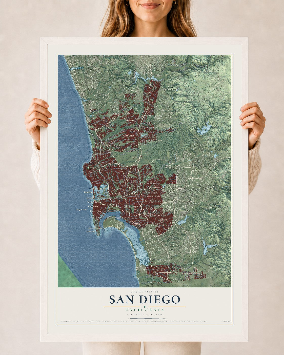 Map of San Diego, California, 24 x 36 inch print in a white wood frame