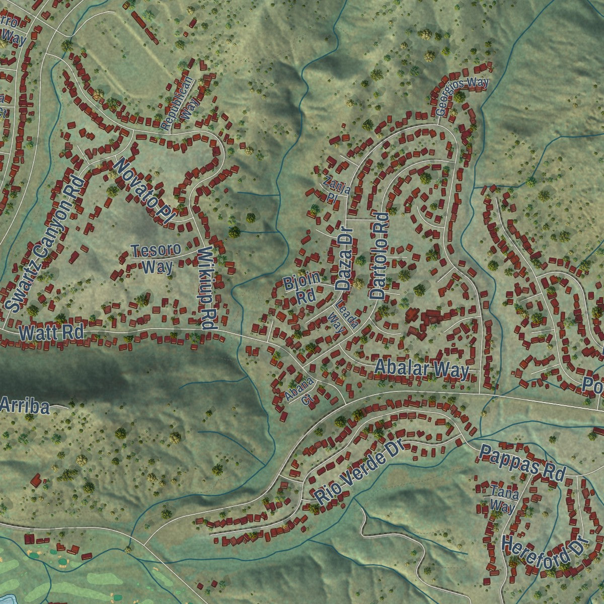 Close-up of the map of San Diego Country Estates, California print showing street and building detail