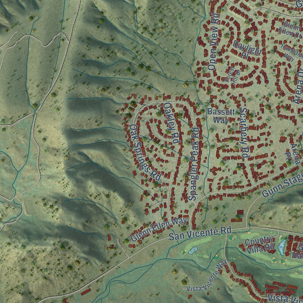 Second close-up of the map of San Diego Country Estates, California print showing more streets and buildings