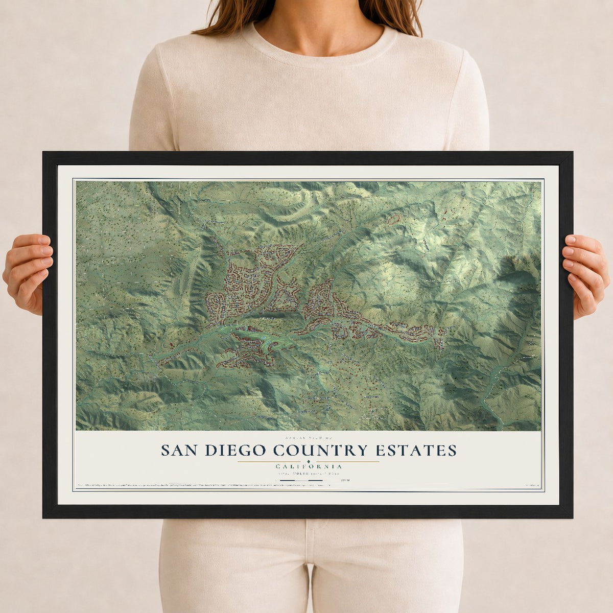 Map of San Diego Country Estates, California, 12 x 18 inch print in a black wood frame