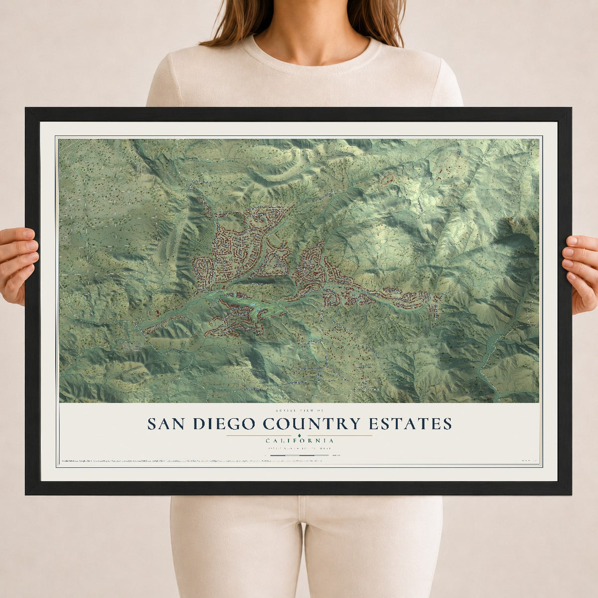 Map of San Diego Country Estates, California, 18 x 24 inch print in a black wood frame