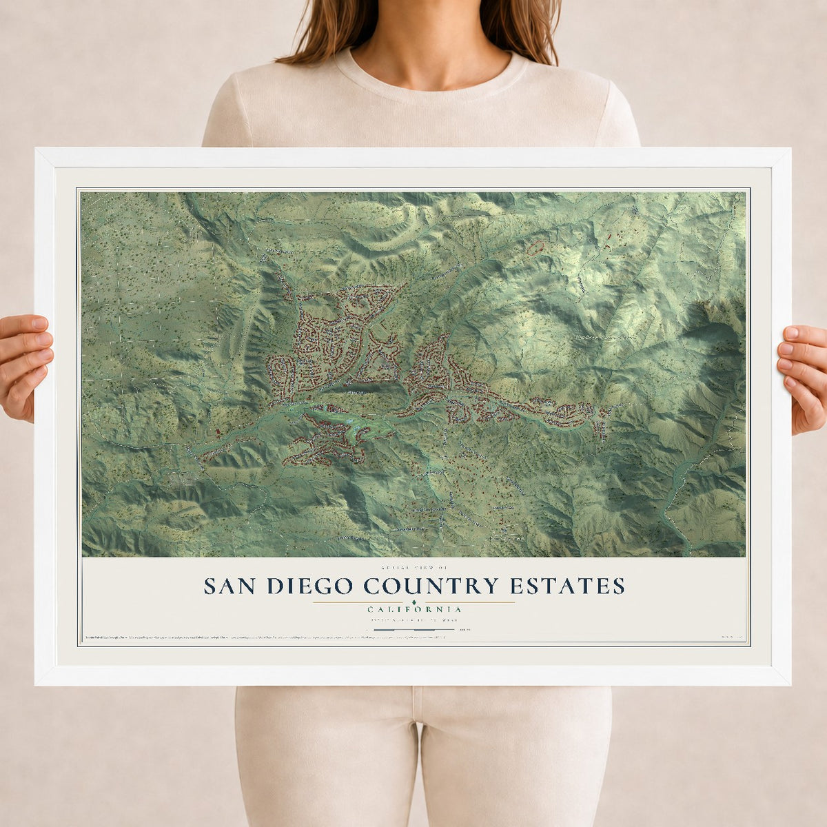 Map of San Diego Country Estates, California, 18 x 24 inch print in a white wood frame