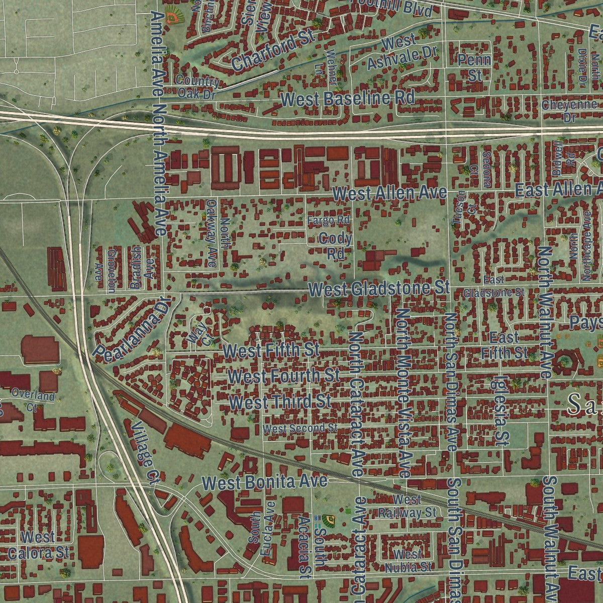 Close-up of the map of San Dimas, California print showing street and building detail