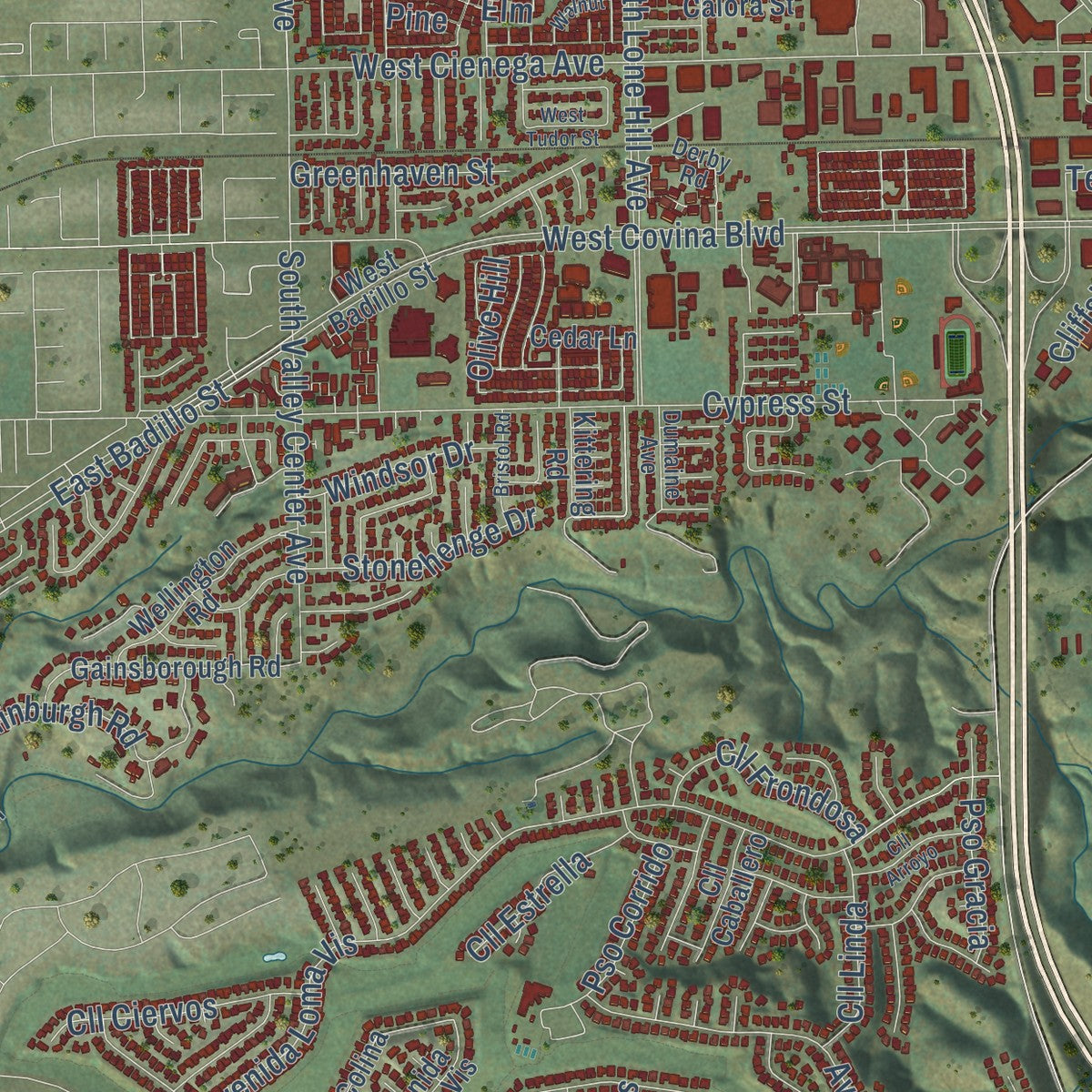 Second close-up of the map of San Dimas, California print showing more streets and buildings