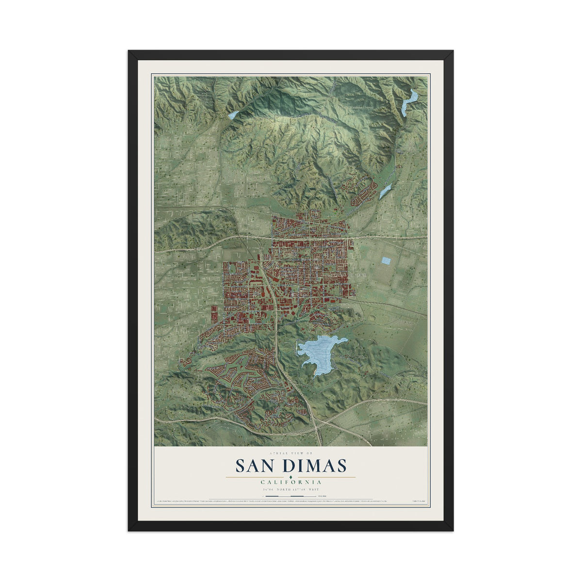 Map of San Dimas, California, 12 x 18 inch print in a black wood frame