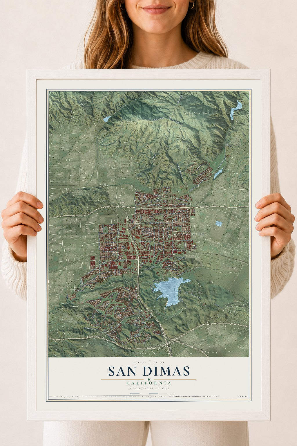 Map of San Dimas, California, 18 x 24 inch print in a white wood frame