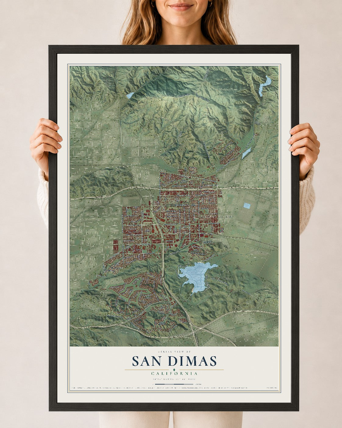 Map of San Dimas, California, 24 x 36 inch print in a black wood frame