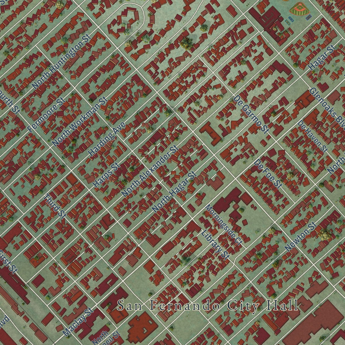 Close-up of the map of San Fernando, California print showing street and building detail