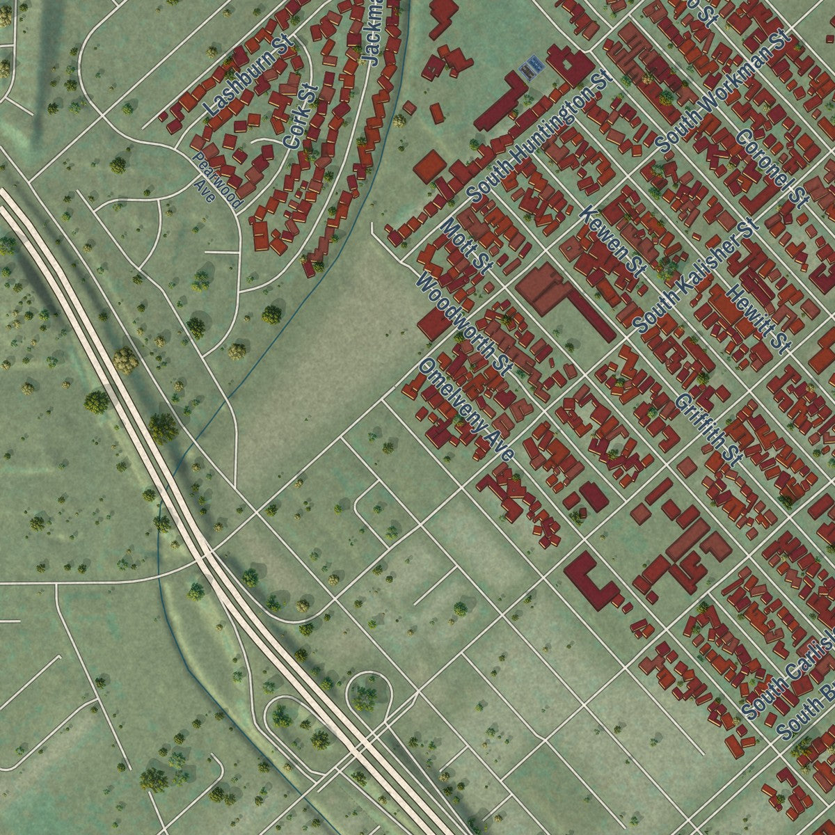 Second close-up of the map of San Fernando, California print showing more streets and buildings