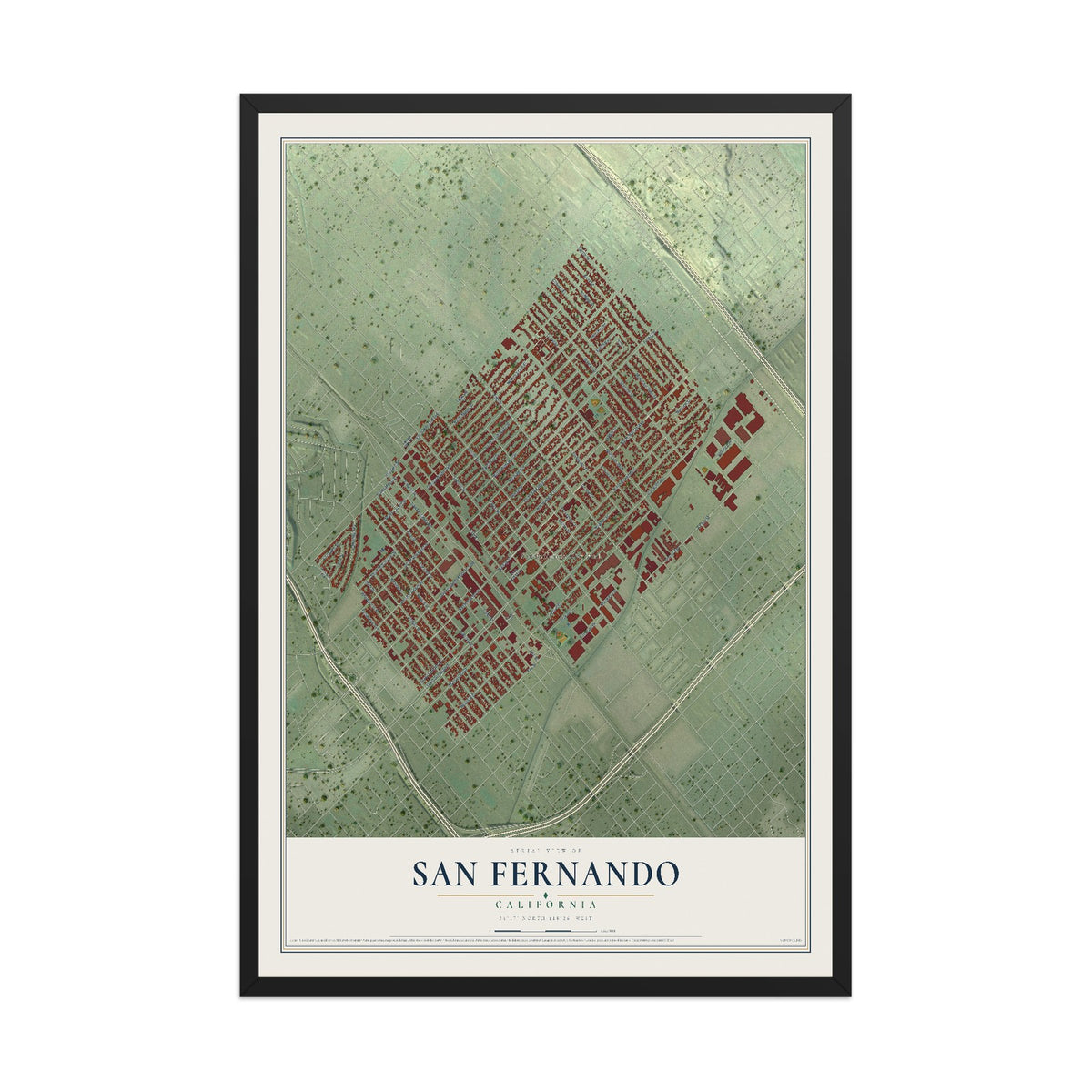 Map of San Fernando, California, 12 x 18 inch print in a black wood frame
