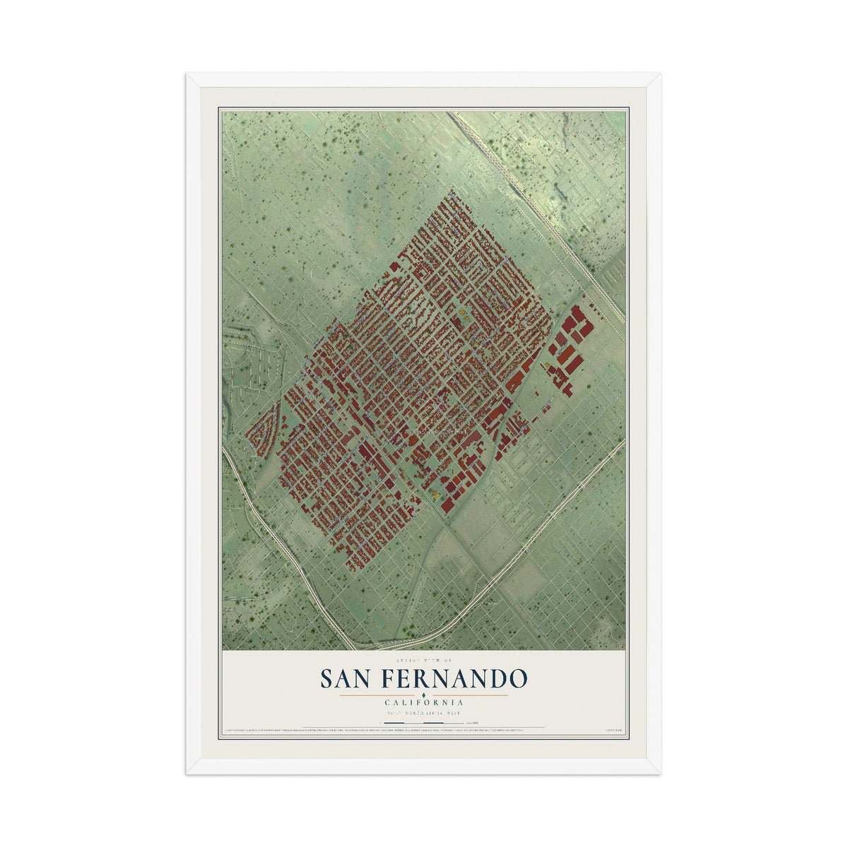 Map of San Fernando, California, 12 x 18 inch print in a white wood frame
