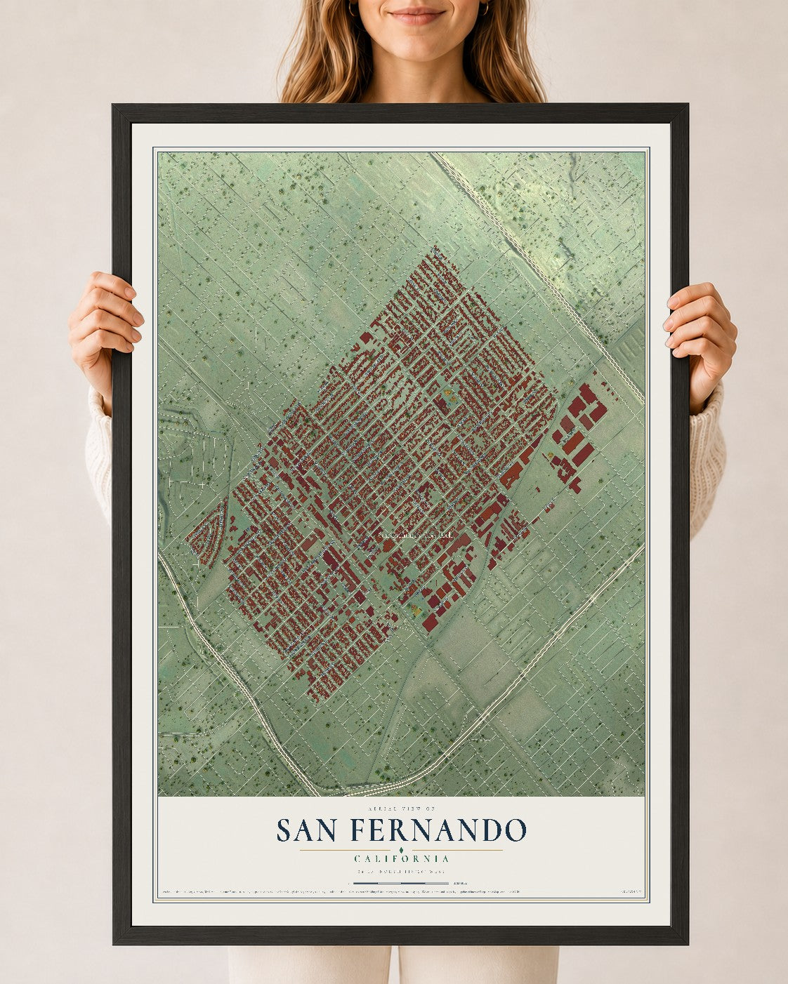 Map of San Fernando, California, 24 x 36 inch print in a black wood frame