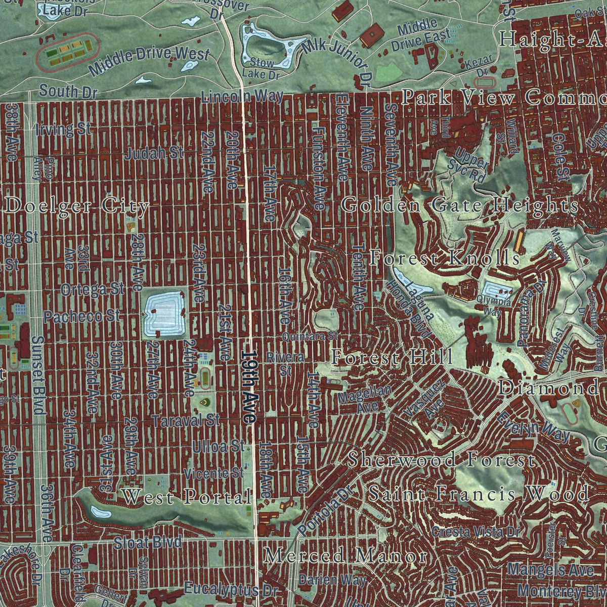 Close-up of the map of San Francisco, California print showing street and building detail