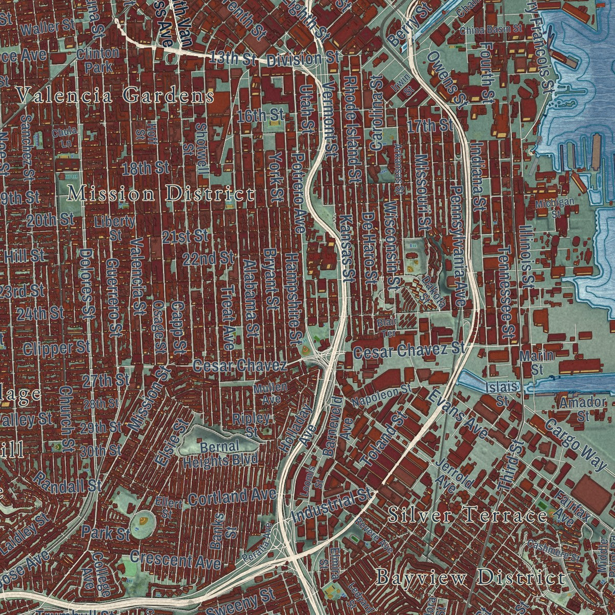 Second close-up of the map of San Francisco, California print showing more streets and buildings