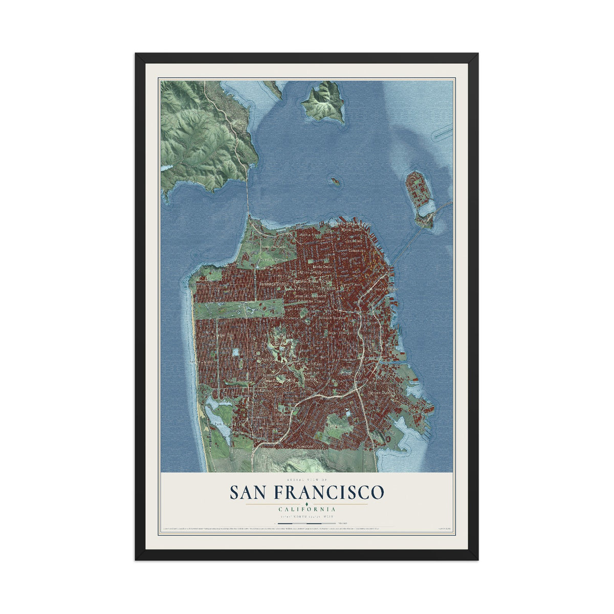 Map of San Francisco, California, 12 x 18 inch print in a black wood frame