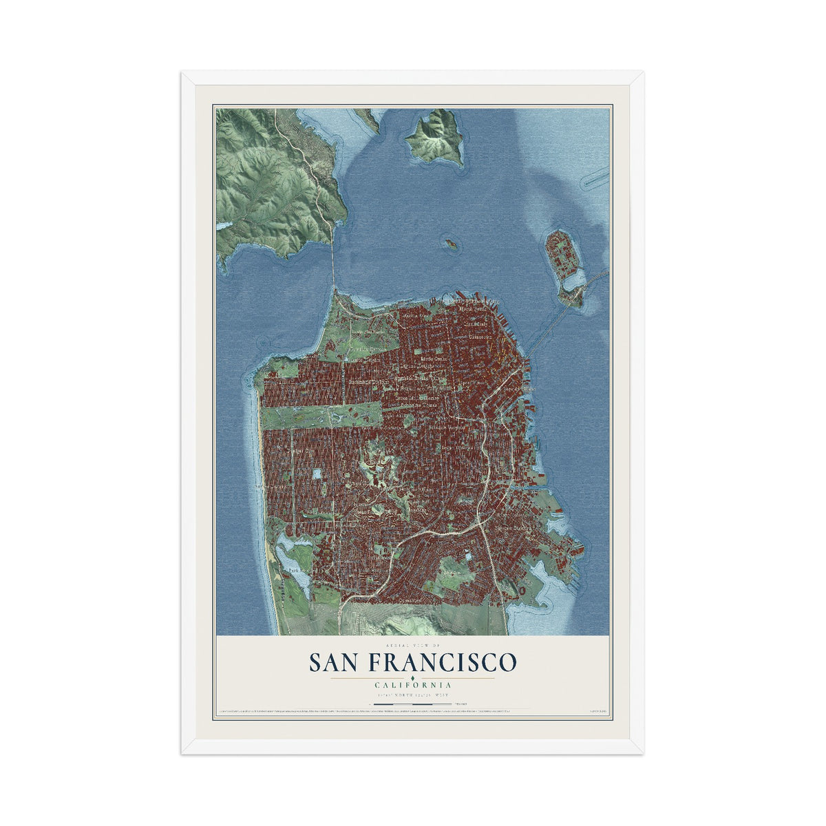 Map of San Francisco, California, 12 x 18 inch print in a white wood frame