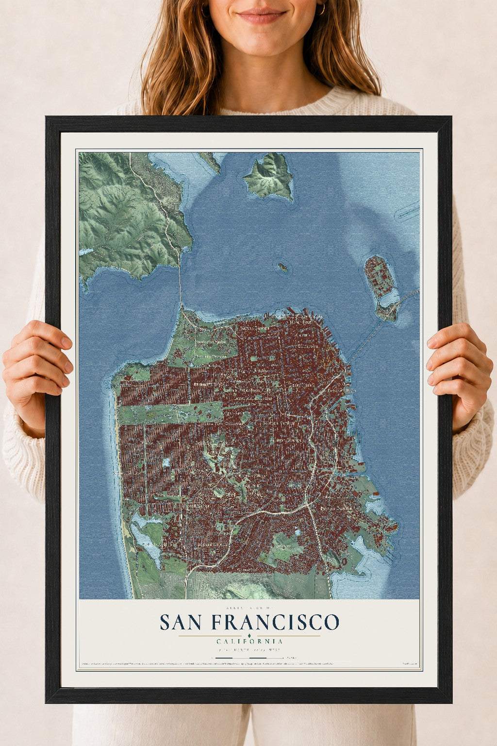 Map of San Francisco, California, 18 x 24 inch print in a black wood frame