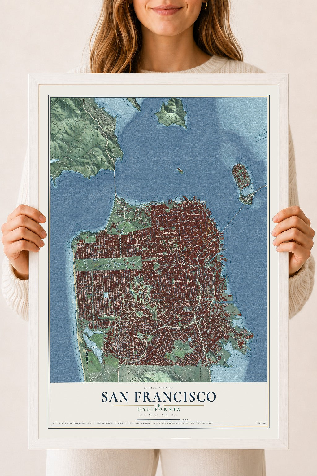 Map of San Francisco, California, 18 x 24 inch print in a white wood frame