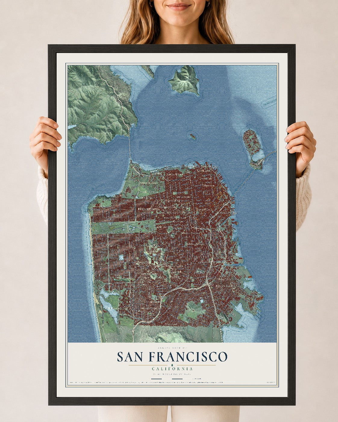 Map of San Francisco, California, 24 x 36 inch print in a black wood frame