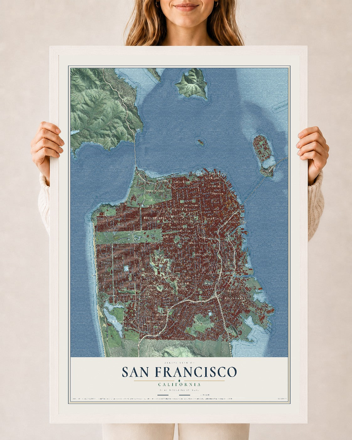 Map of San Francisco, California, 24 x 36 inch print in a white wood frame