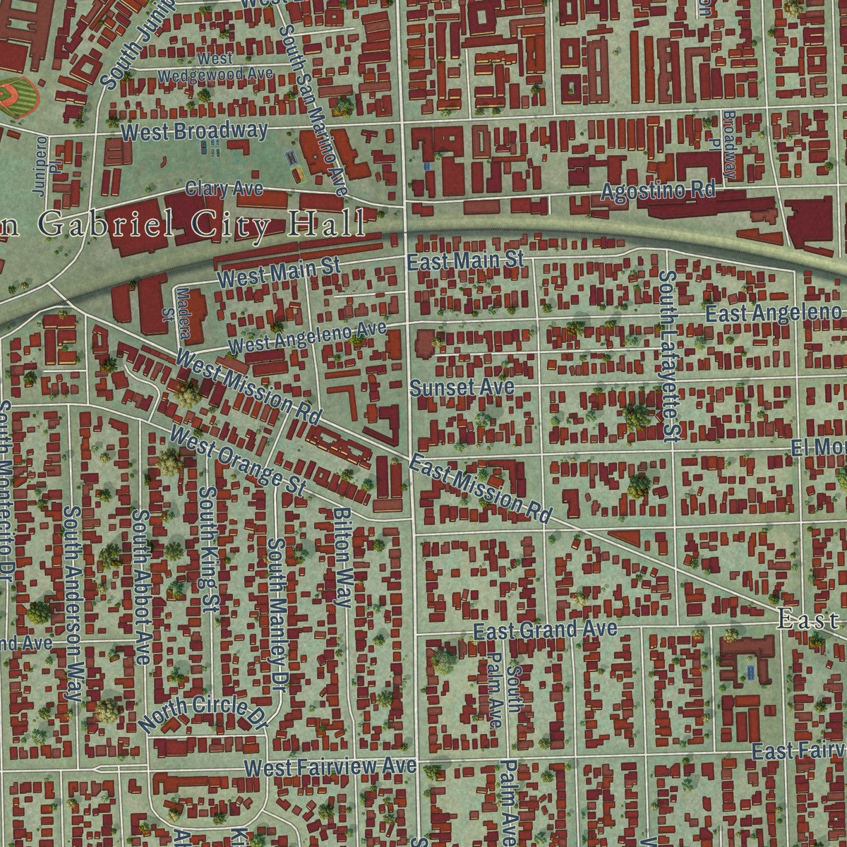Close-up of the map of San Gabriel, California print showing street and building detail
