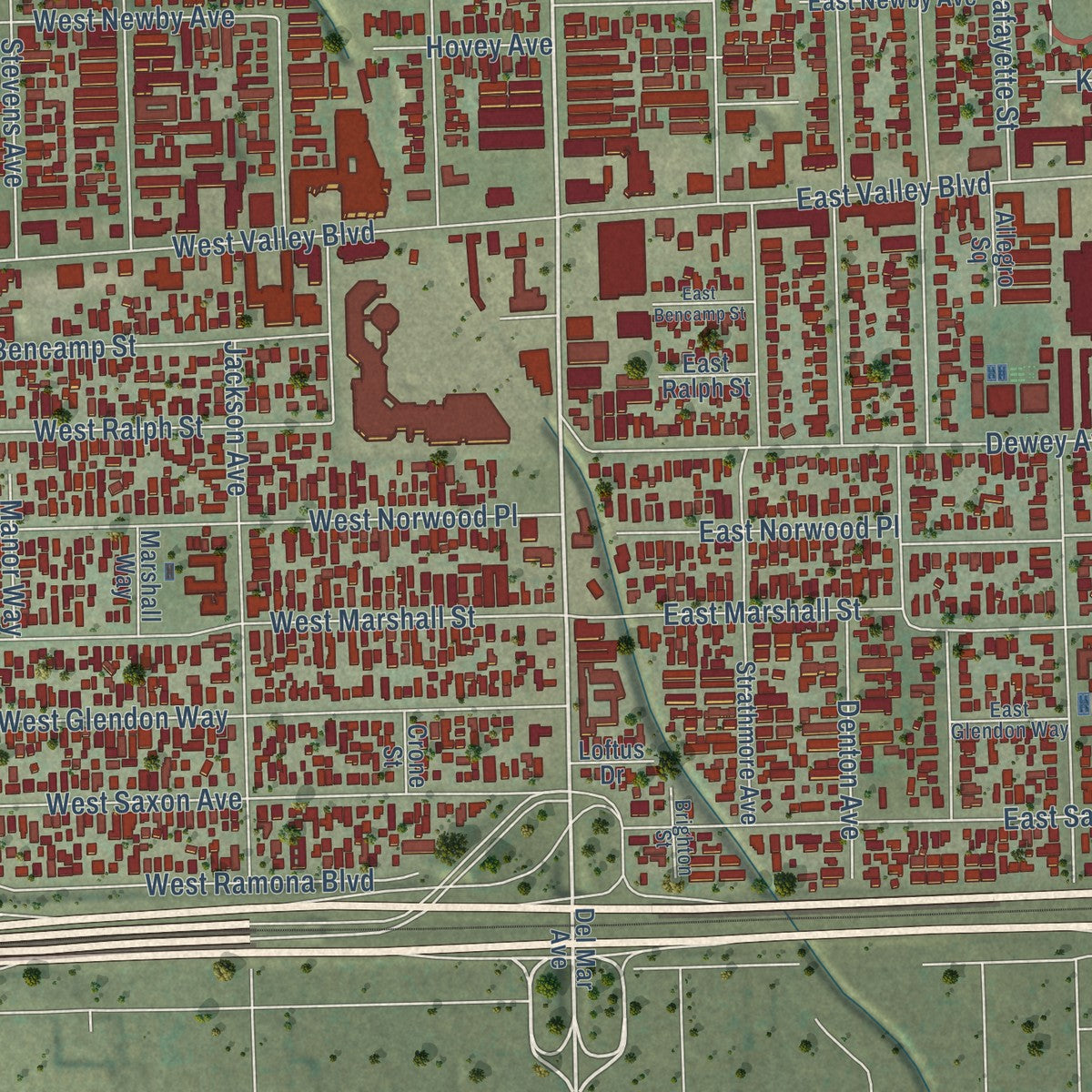 Second close-up of the map of San Gabriel, California print showing more streets and buildings