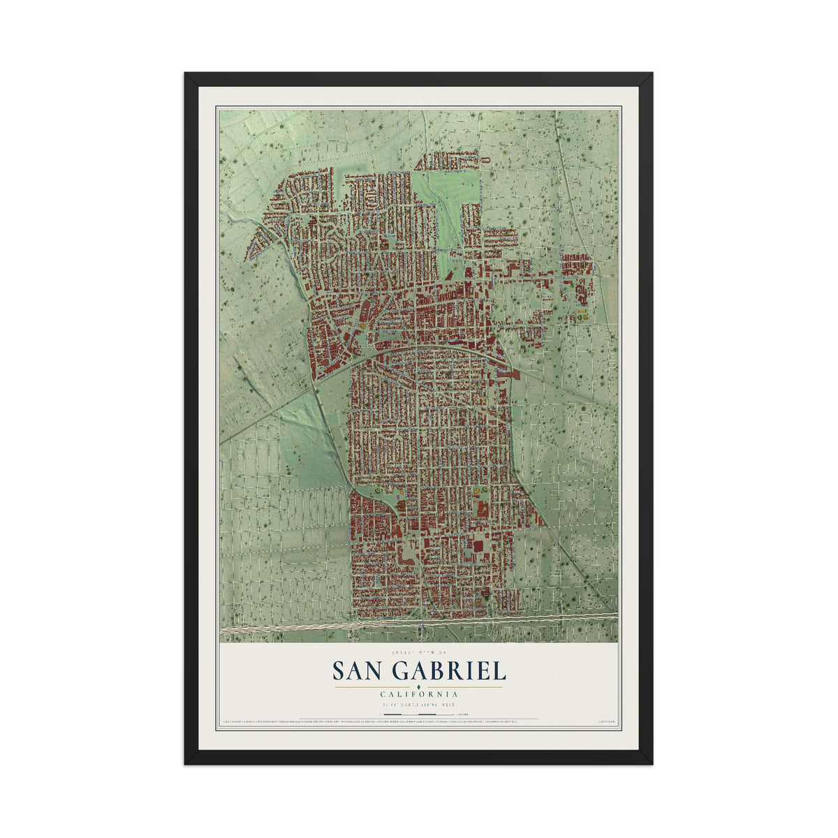 Map of San Gabriel, California, 12 x 18 inch print in a black wood frame