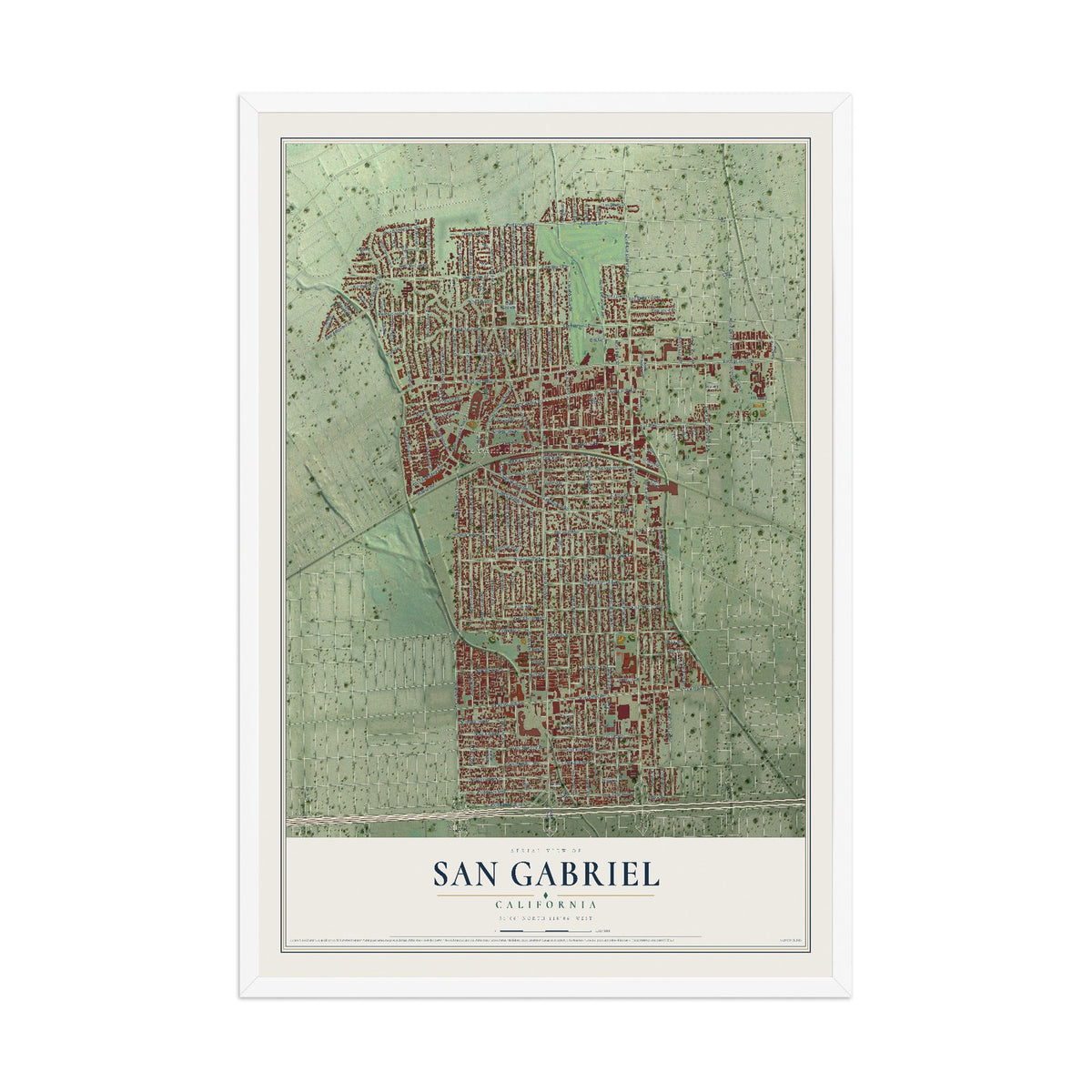 Map of San Gabriel, California, 12 x 18 inch print in a white wood frame