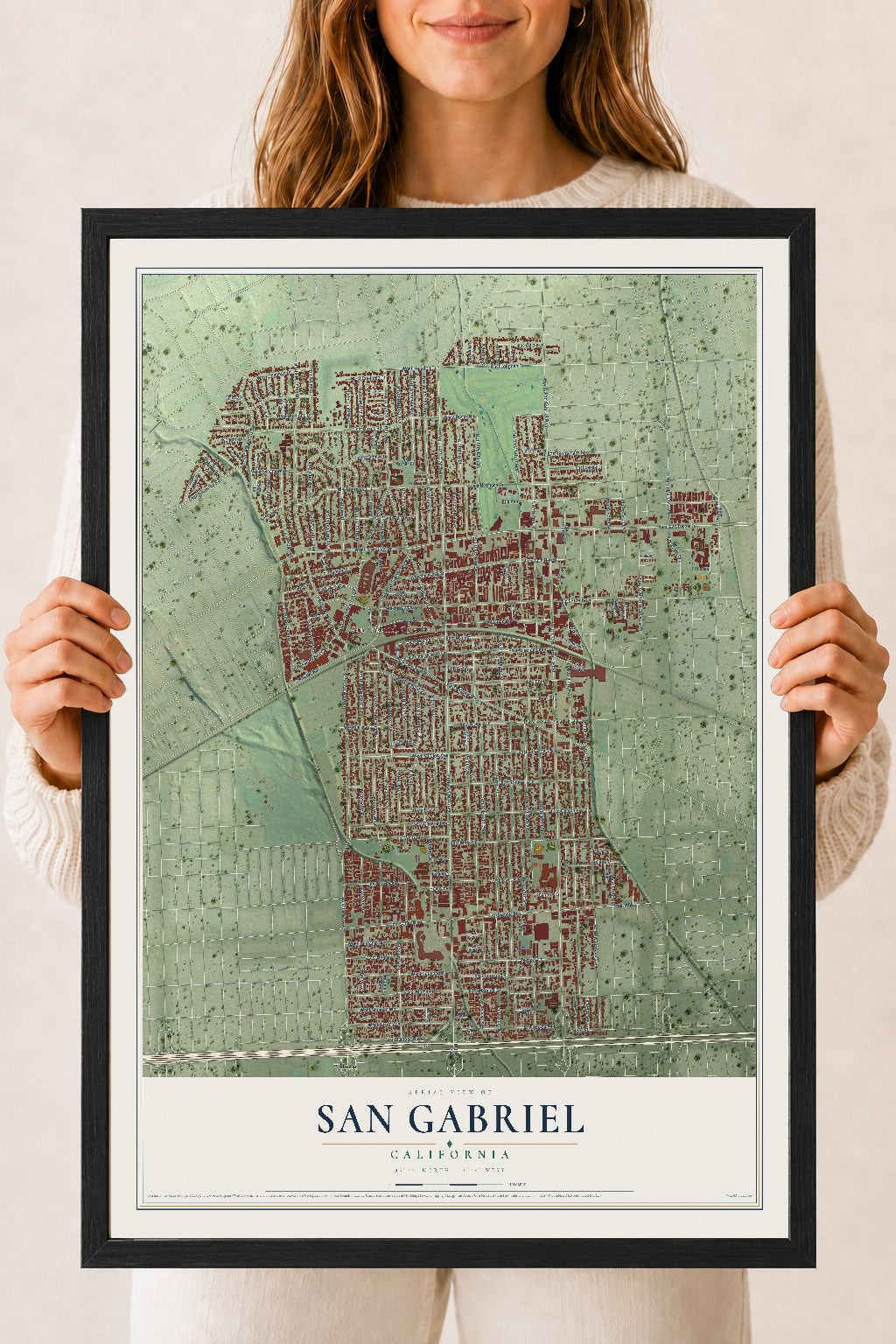 Map of San Gabriel, California, 18 x 24 inch print in a black wood frame
