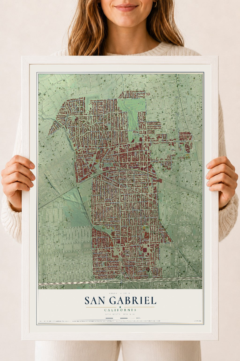 Map of San Gabriel, California, 18 x 24 inch print in a white wood frame