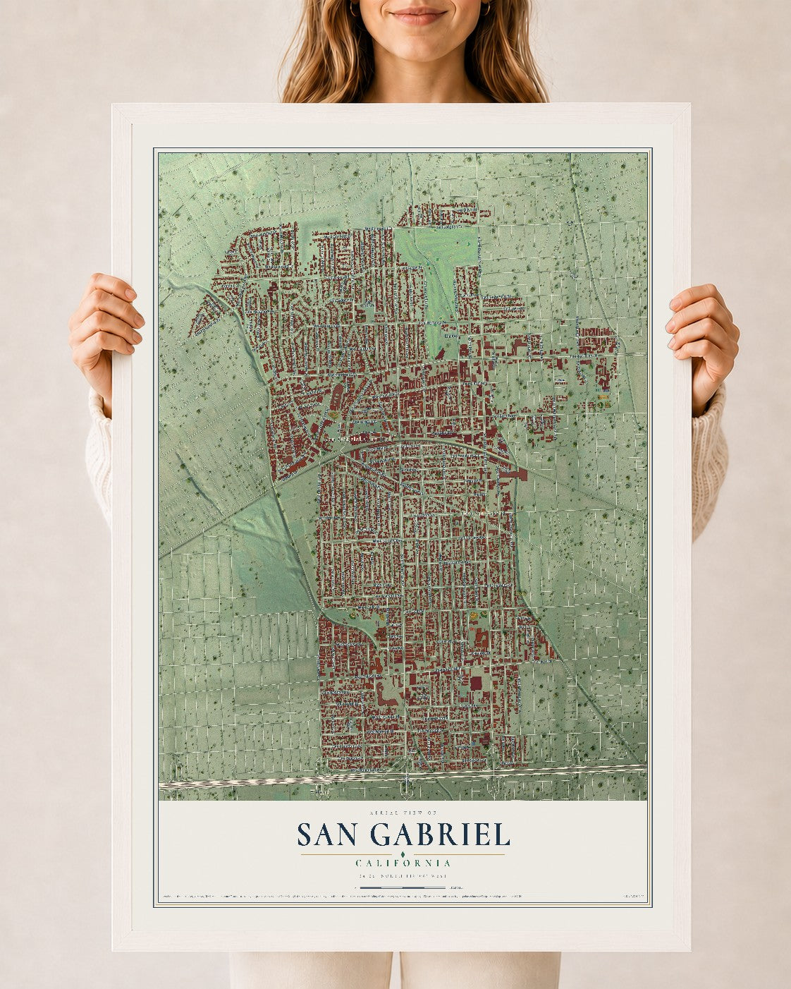 Map of San Gabriel, California, 24 x 36 inch print in a white wood frame
