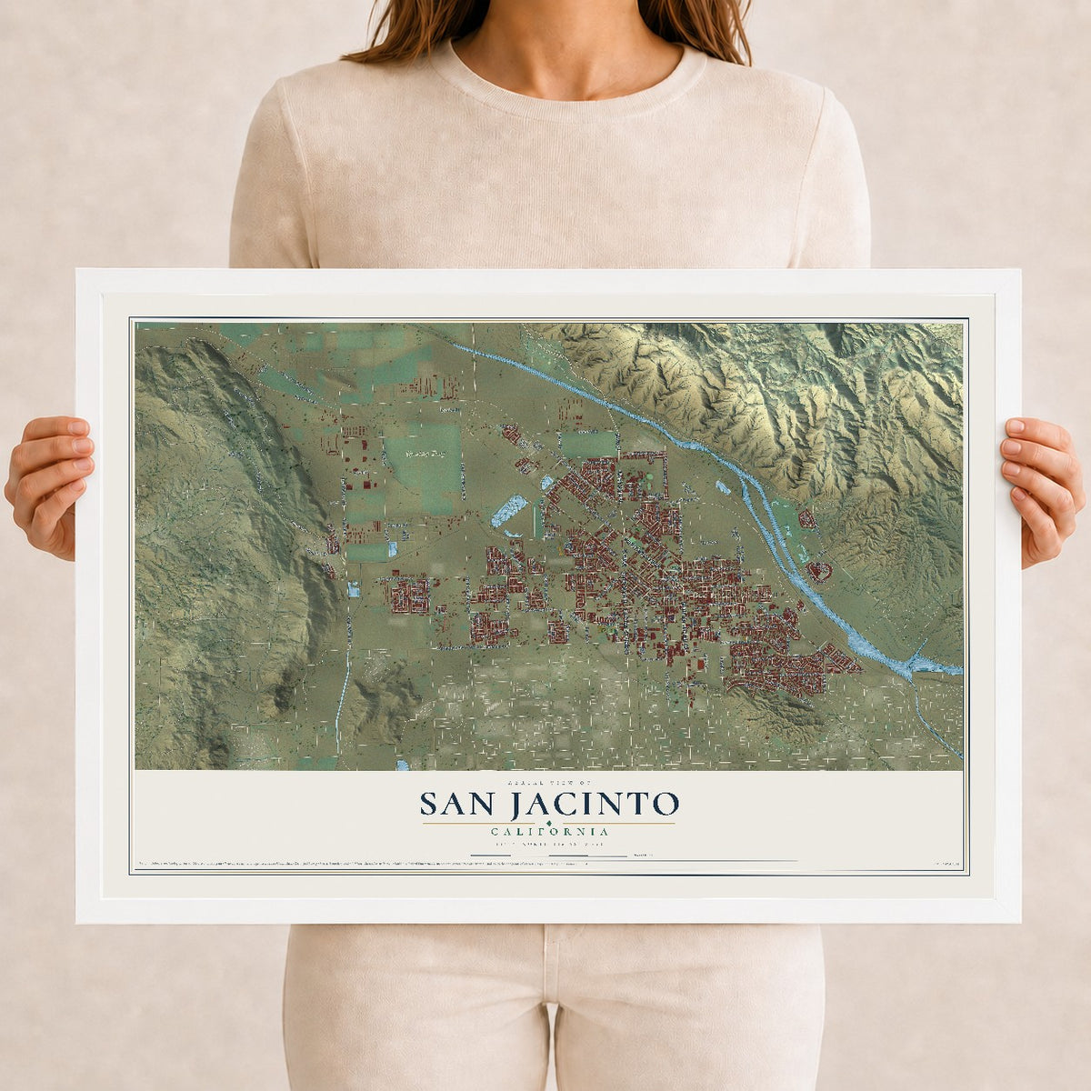 Map of San Jacinto, California, 12 x 18 inch print in a white wood frame