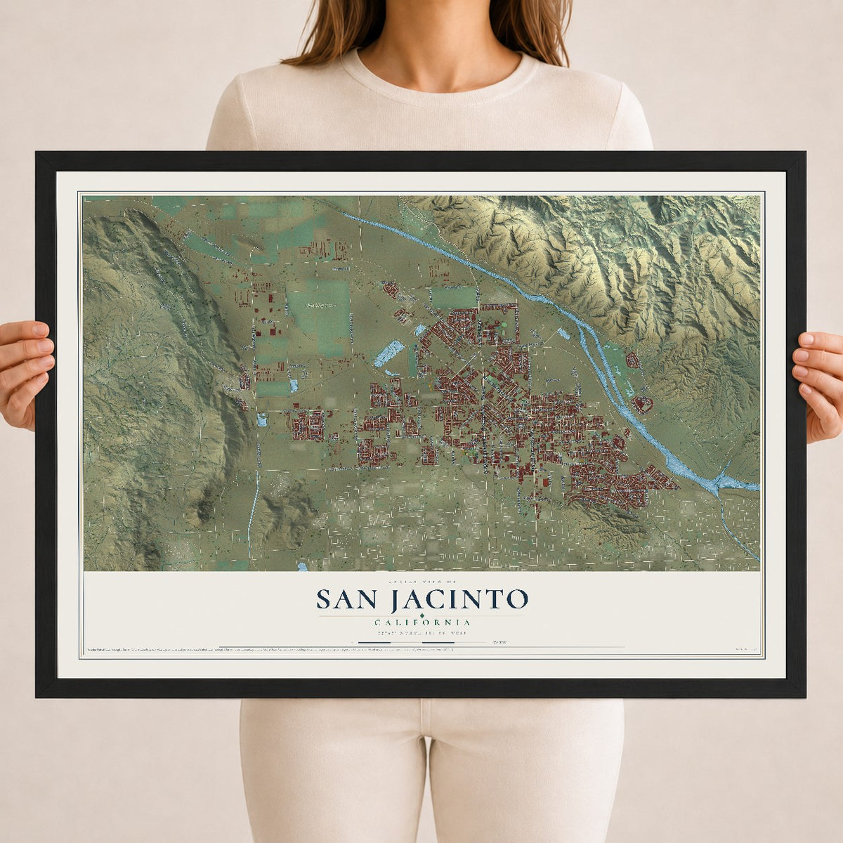Map of San Jacinto, California, 18 x 24 inch print in a black wood frame