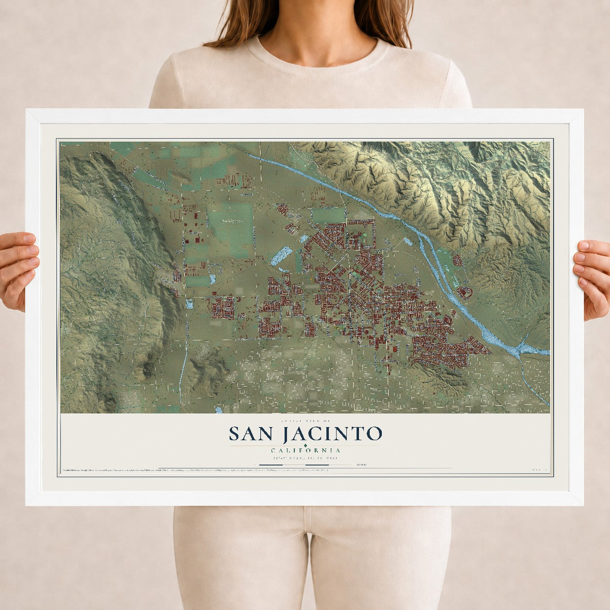 Map of San Jacinto, California, 18 x 24 inch print in a white wood frame
