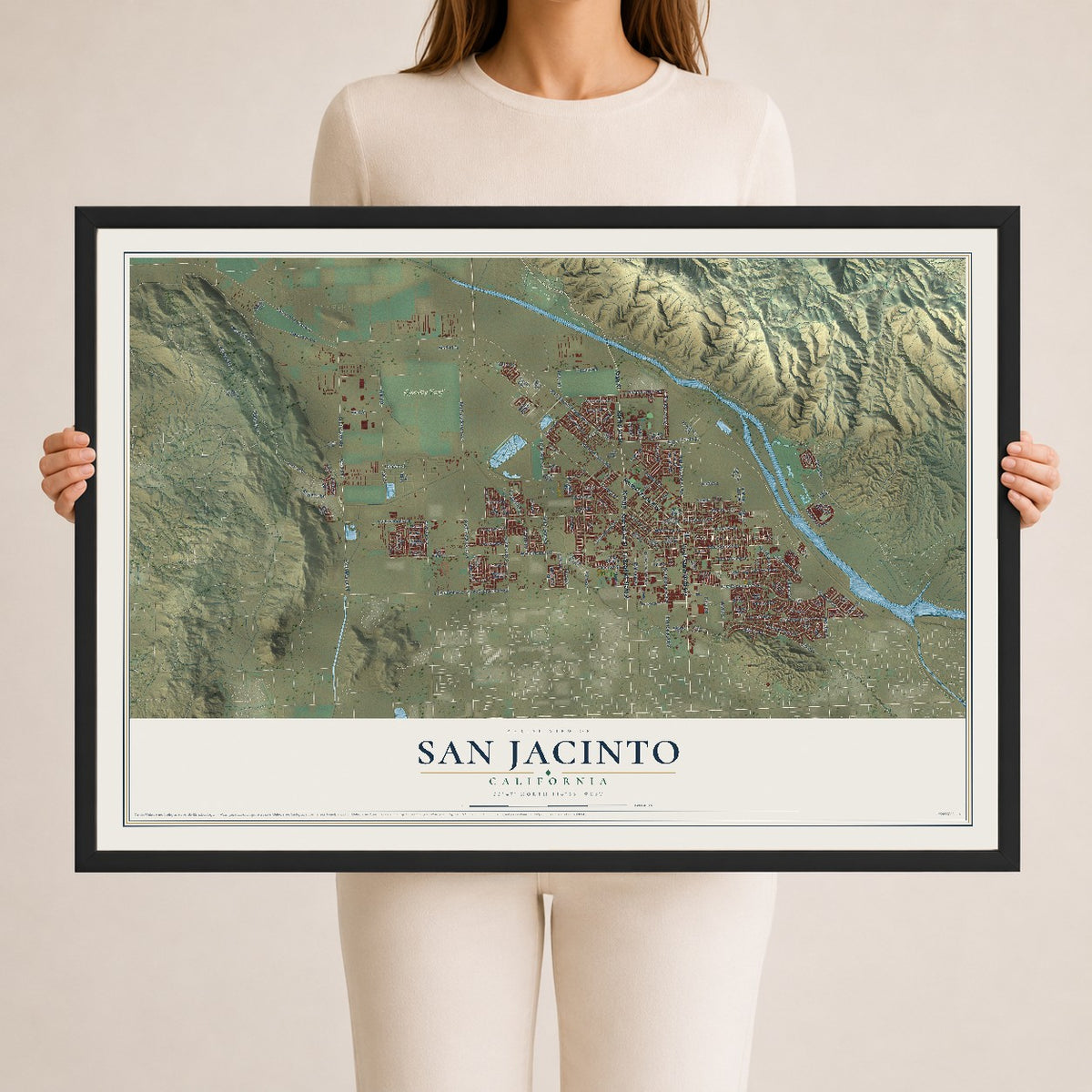 Map of San Jacinto, California, 24 x 36 inch print in a black wood frame