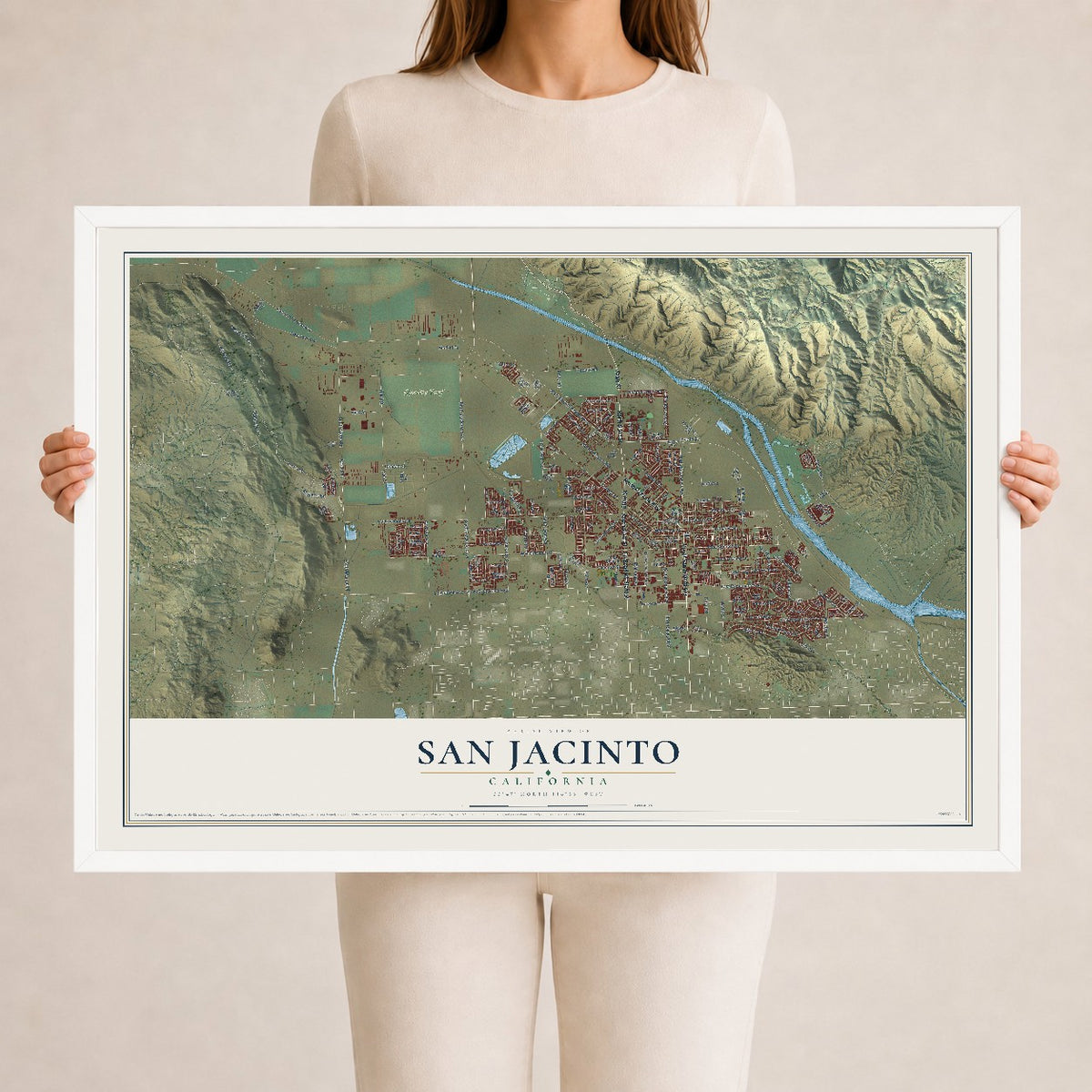 Map of San Jacinto, California, 24 x 36 inch print in a white wood frame