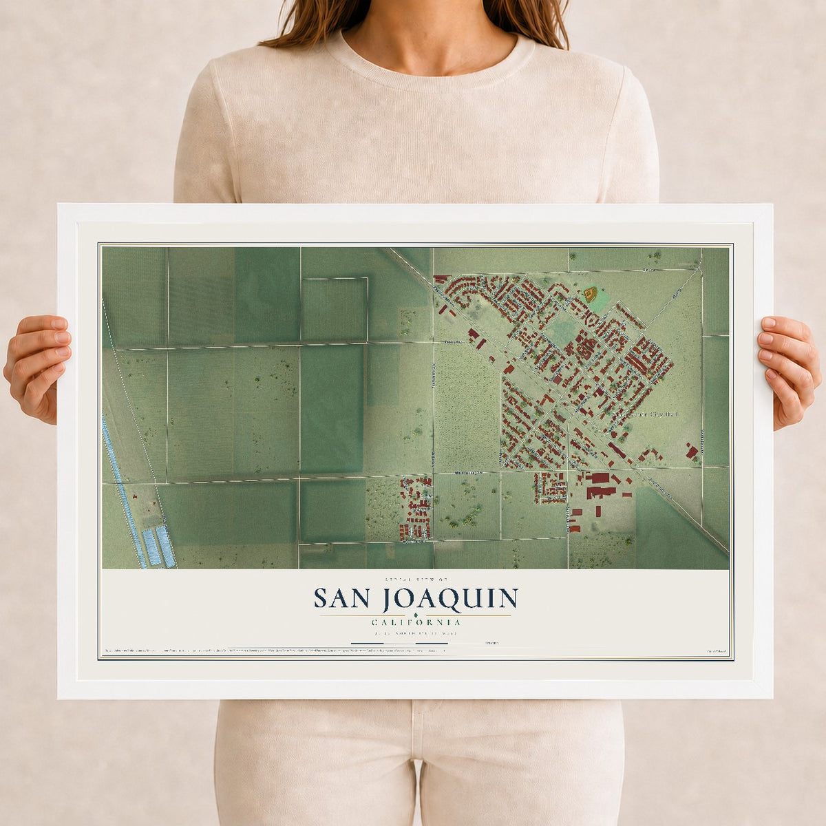 Map of San Joaquin, California, 12 x 18 inch print in a white wood frame
