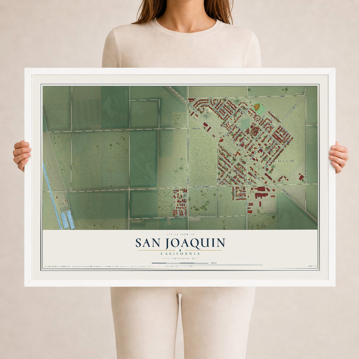 Map of San Joaquin, California, 24 x 36 inch print in a white wood frame