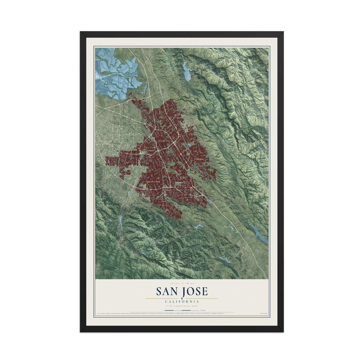 Map of San Jose, California, 12 x 18 inch print in a black wood frame