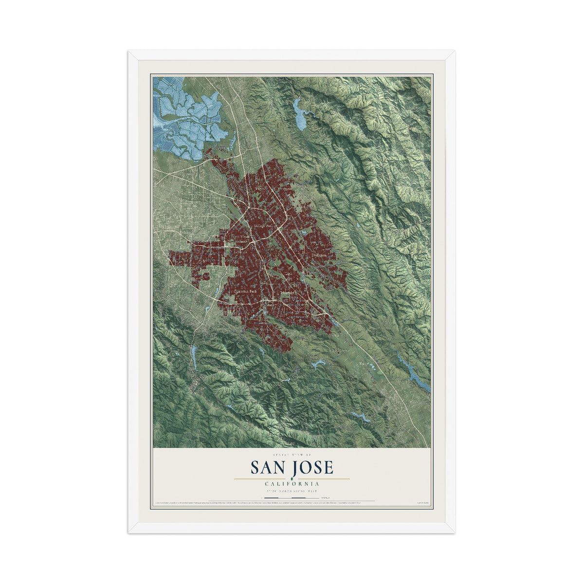 Map of San Jose, California, 12 x 18 inch print in a white wood frame