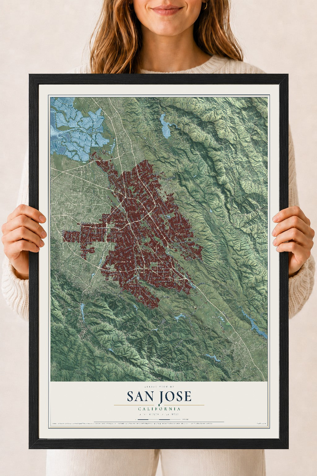 Map of San Jose, California, 18 x 24 inch print in a black wood frame