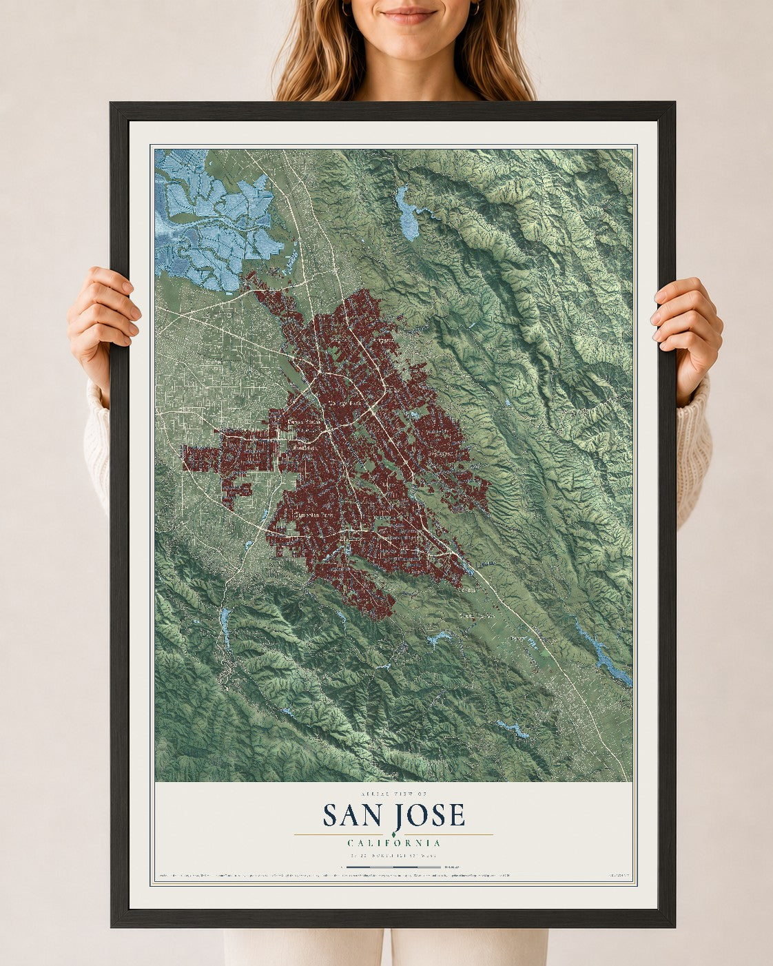 Map of San Jose, California, 24 x 36 inch print in a black wood frame