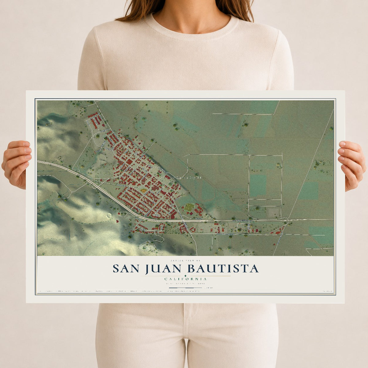 Map of San Juan Bautista, California, 12 x 18 inch unframed archival matte print