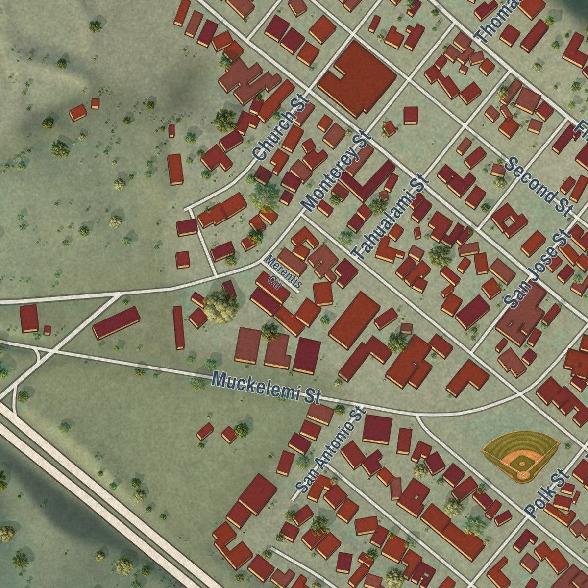 Close-up of the map of San Juan Bautista, California print showing street and building detail